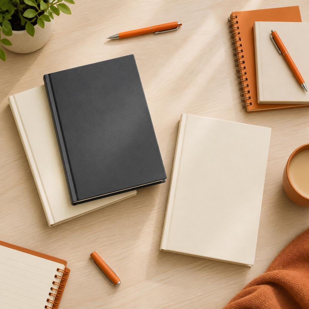 New textbooks, notebooks and orange pens laid out on a pale wooden desk